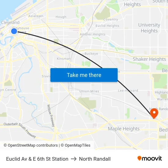 Euclid Av & E 6th St Station to North Randall map