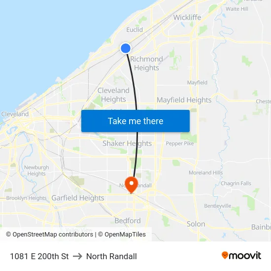 1081 E 200th St to North Randall map
