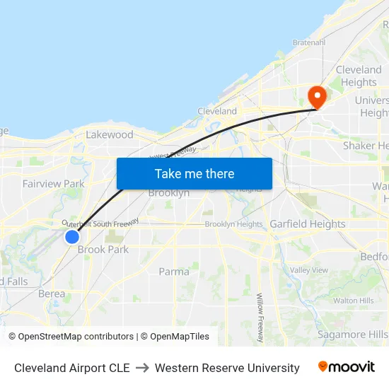 Cleveland Airport CLE to Western Reserve University map
