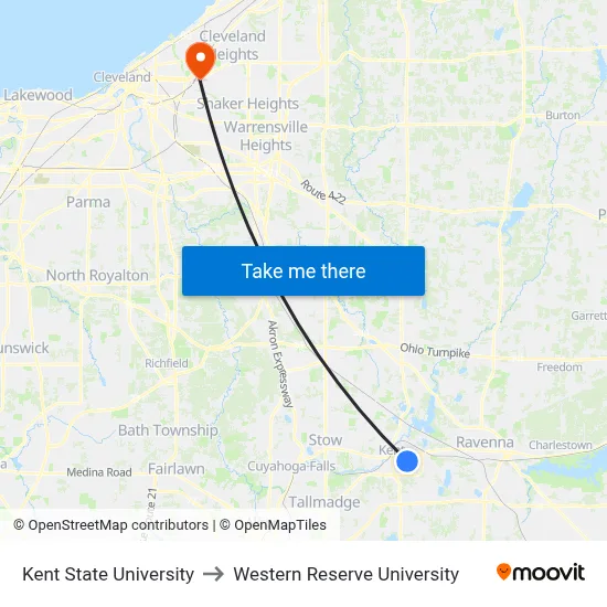 Kent State University to Western Reserve University map