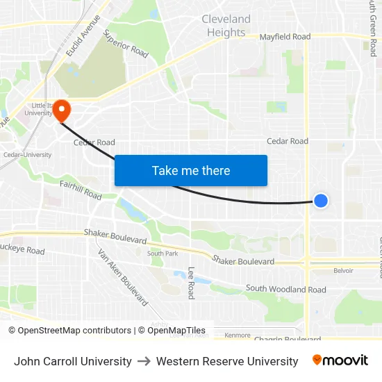 John Carroll University to Western Reserve University map