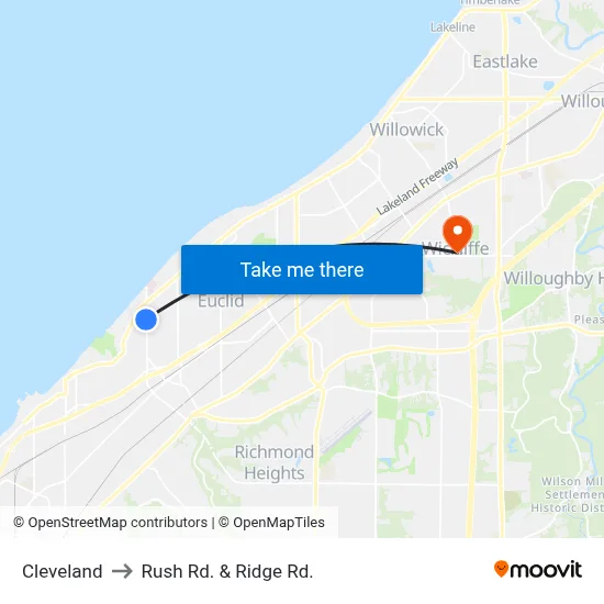 Cleveland to Rush Rd. & Ridge Rd. map