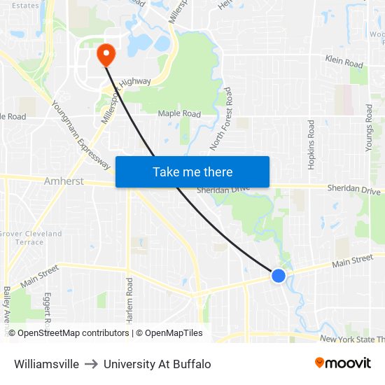 Williamsville to University At Buffalo map