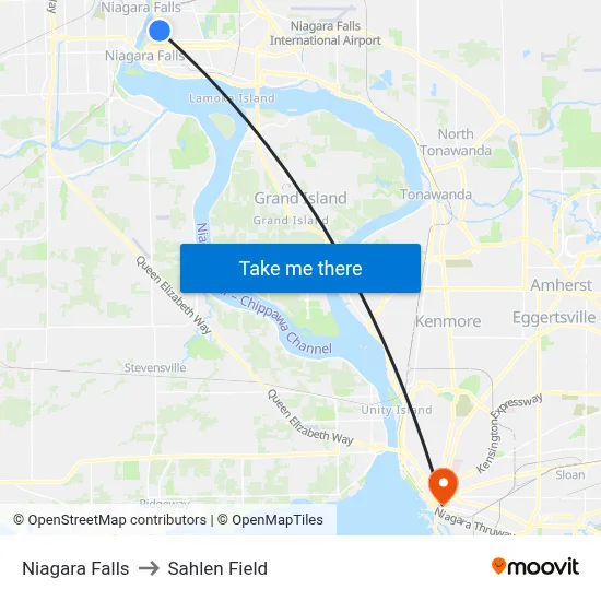 Niagara Falls to Sahlen Field map