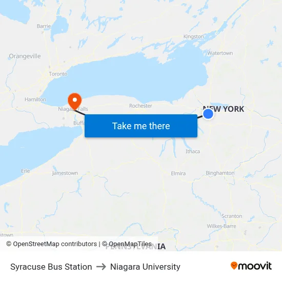 Syracuse Bus Station to Niagara University map