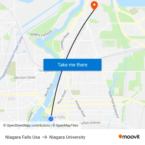 Niagara Falls Usa to Niagara University map