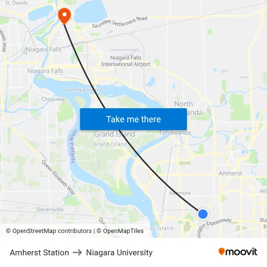 Amherst Station to Niagara University map