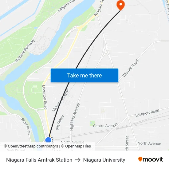 Niagara Falls Amtrak Station to Niagara University map