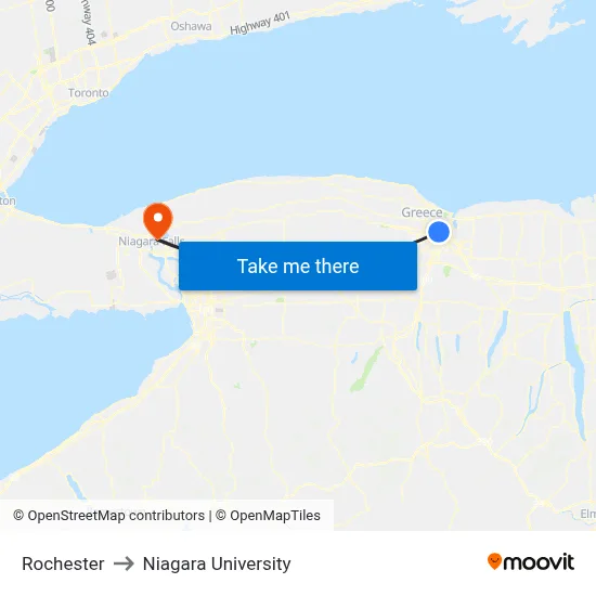 Rochester to Niagara University map