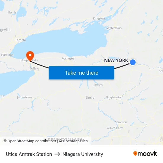 Utica Amtrak Station to Niagara University map