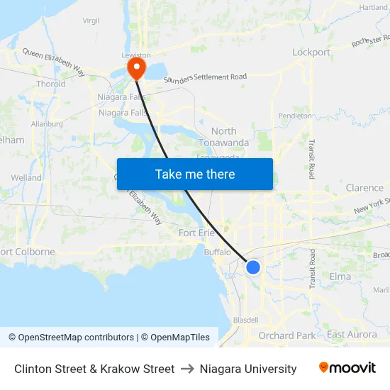 Clinton Street & Krakow Street to Niagara University map