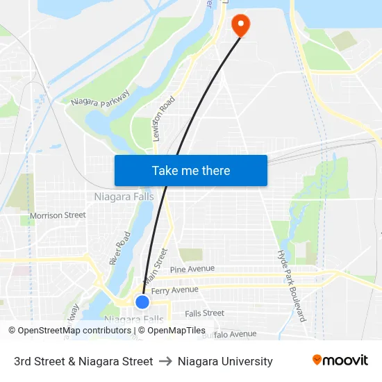 3rd Street & Niagara Street to Niagara University map