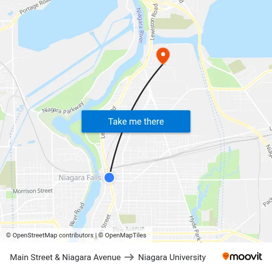 Main Street & Niagara Avenue to Niagara University map