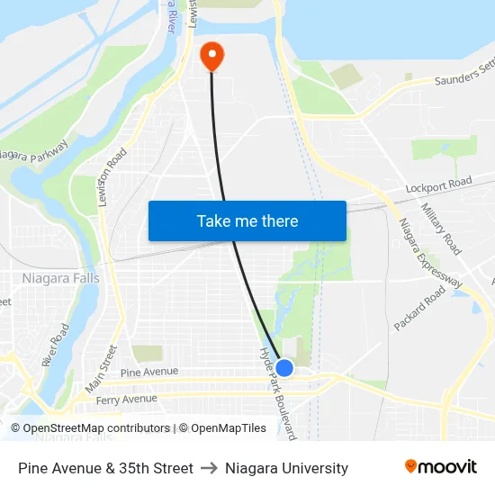 Pine Avenue & 35th Street to Niagara University map