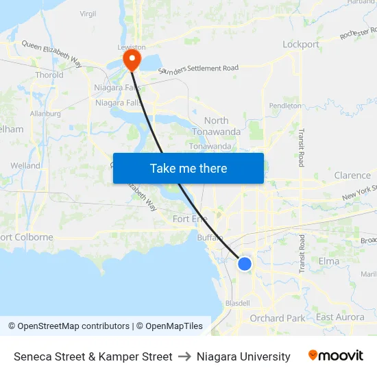 Seneca Street & Kamper Street to Niagara University map