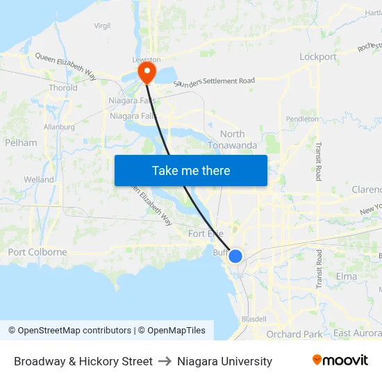 Broadway & Hickory Street to Niagara University map