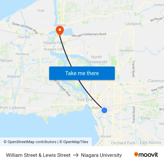 William Street & Lewis Street to Niagara University map