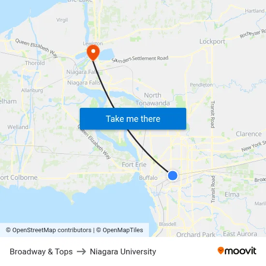 Broadway & Tops to Niagara University map