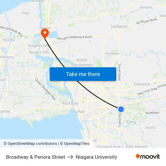 Broadway & Penora Street to Niagara University map