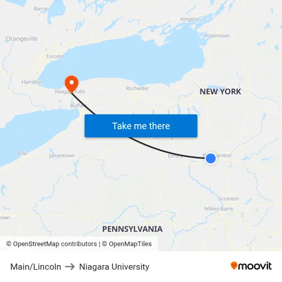 Main/Lincoln to Niagara University map