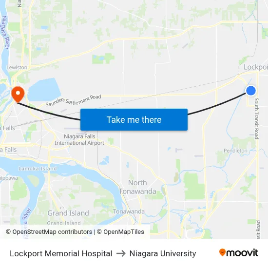Lockport Memorial Hospital to Niagara University map