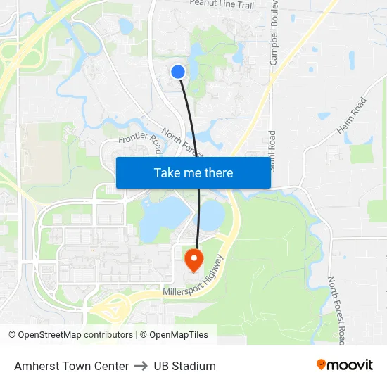 Amherst Town Center to UB Stadium map