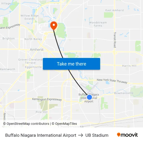 Buffalo Niagara International Airport to UB Stadium map