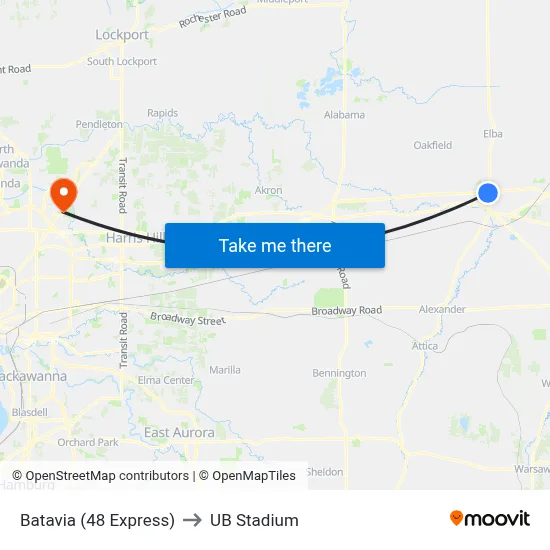 Batavia (48 Express) to UB Stadium map