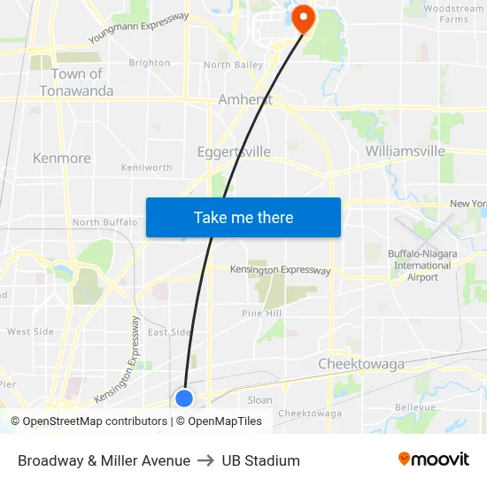 Broadway & Miller Avenue to UB Stadium map