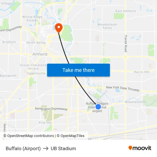 Buffalo (Airport) to UB Stadium map