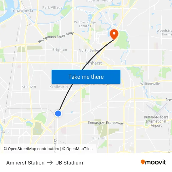Amherst Station to UB Stadium map