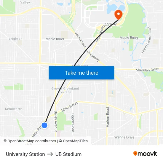 University Station to UB Stadium map