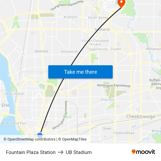 Fountain Plaza Station to UB Stadium map