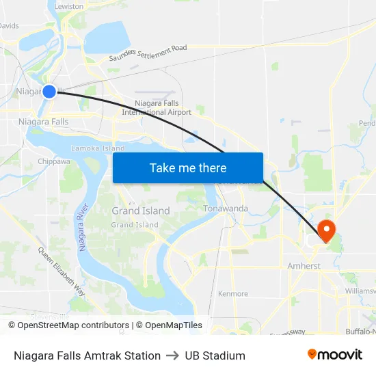 Niagara Falls Amtrak Station to UB Stadium map