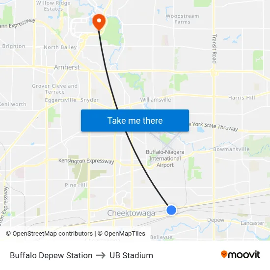 Buffalo Depew Station to UB Stadium map