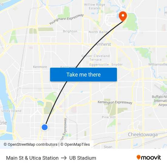 Main St & Utica Station to UB Stadium map