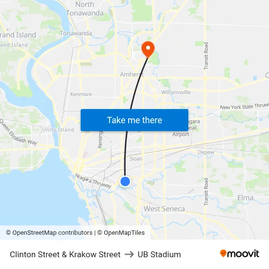Clinton Street & Krakow Street to UB Stadium map
