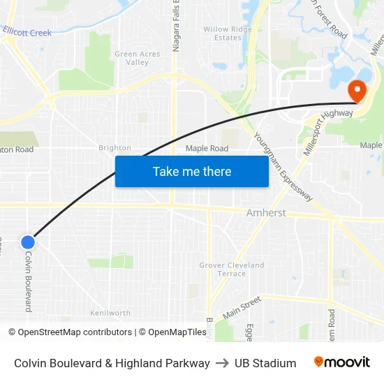 Colvin Boulevard & Highland Parkway to UB Stadium map