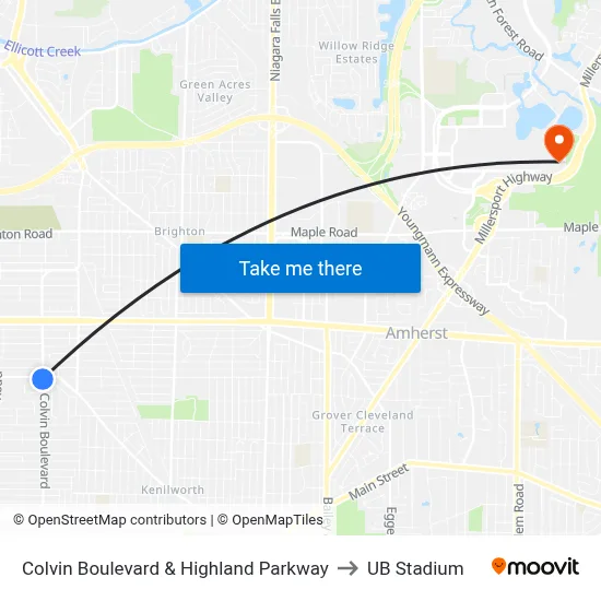 Colvin Boulevard & Highland Parkway to UB Stadium map
