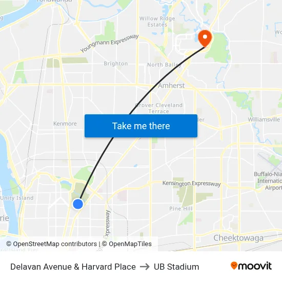 Delavan Avenue & Harvard Place to UB Stadium map