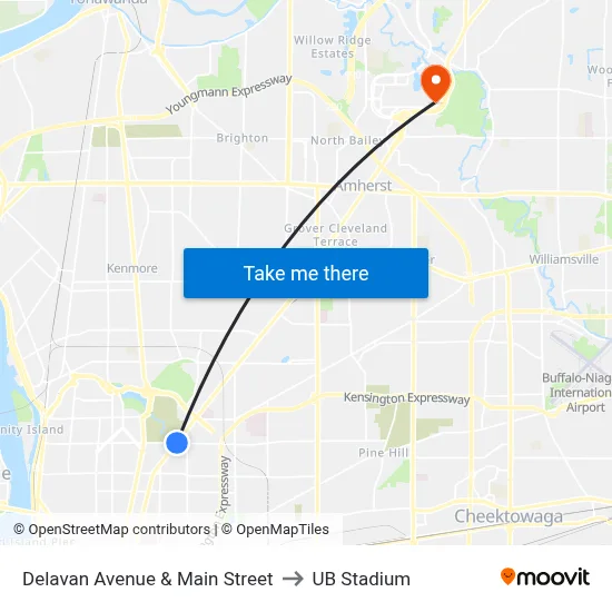 Delavan Avenue & Main Street to UB Stadium map