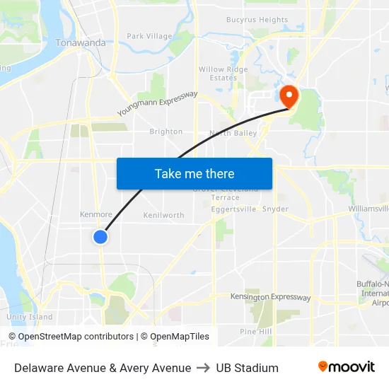 Delaware Avenue & Avery Avenue to UB Stadium map