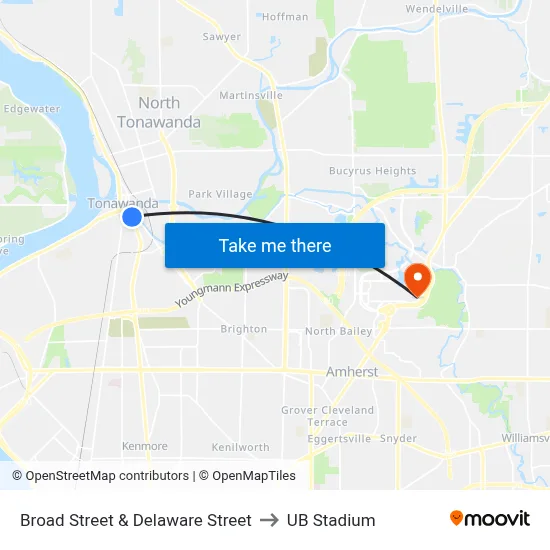 Broad Street & Delaware Street to UB Stadium map