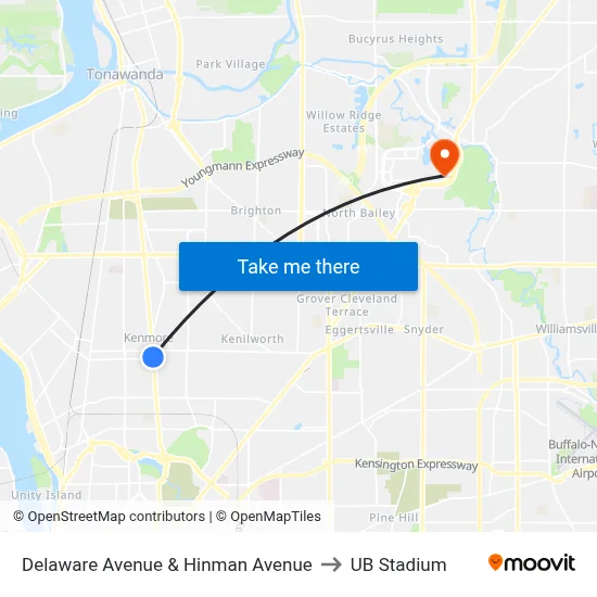 Delaware Avenue & Hinman Avenue to UB Stadium map