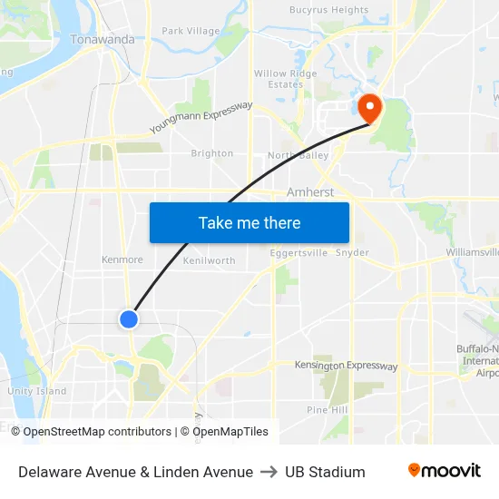 Delaware Avenue & Linden Avenue to UB Stadium map