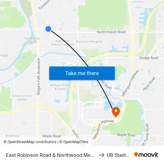 East Robinson Road & Northwood Medical to UB Stadium map