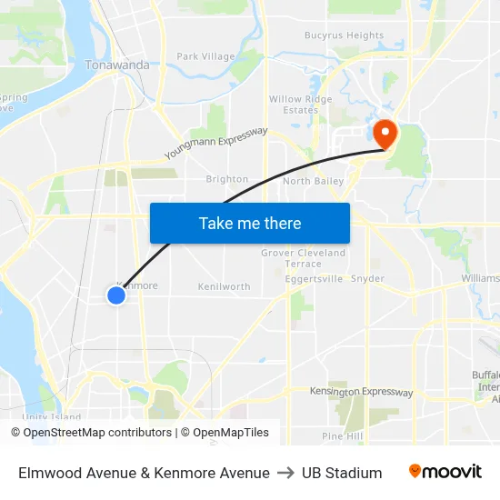 Elmwood Avenue & Kenmore Avenue to UB Stadium map