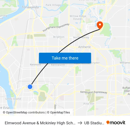 Elmwood Avenue & Mckinley High School to UB Stadium map