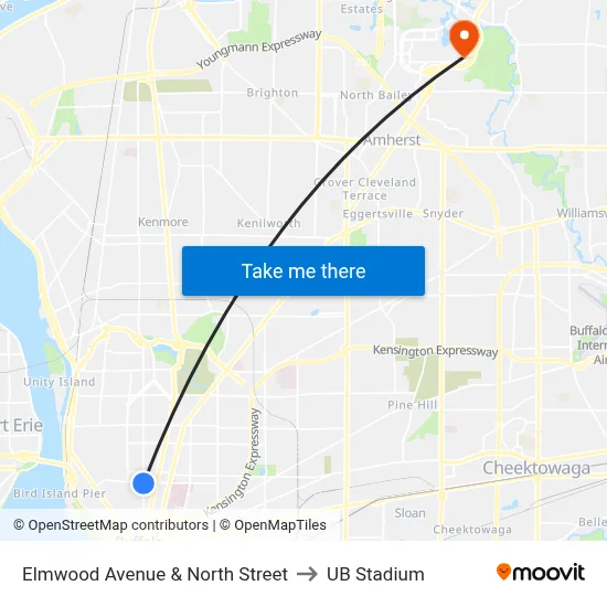 Elmwood Avenue & North Street to UB Stadium map