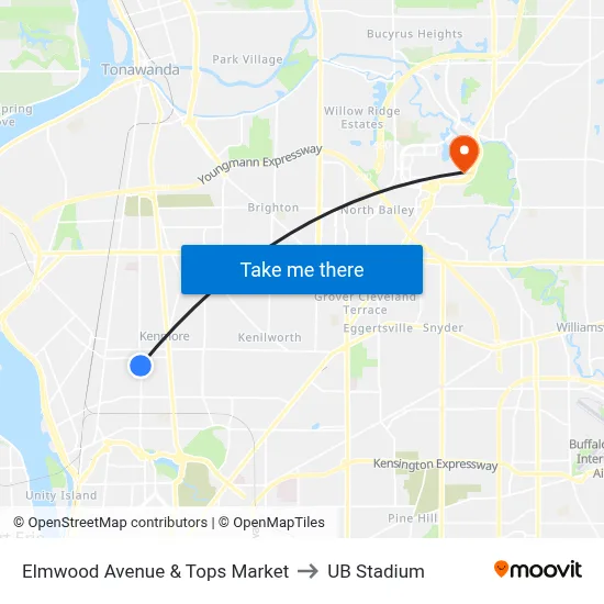 Elmwood Avenue & Tops Market to UB Stadium map